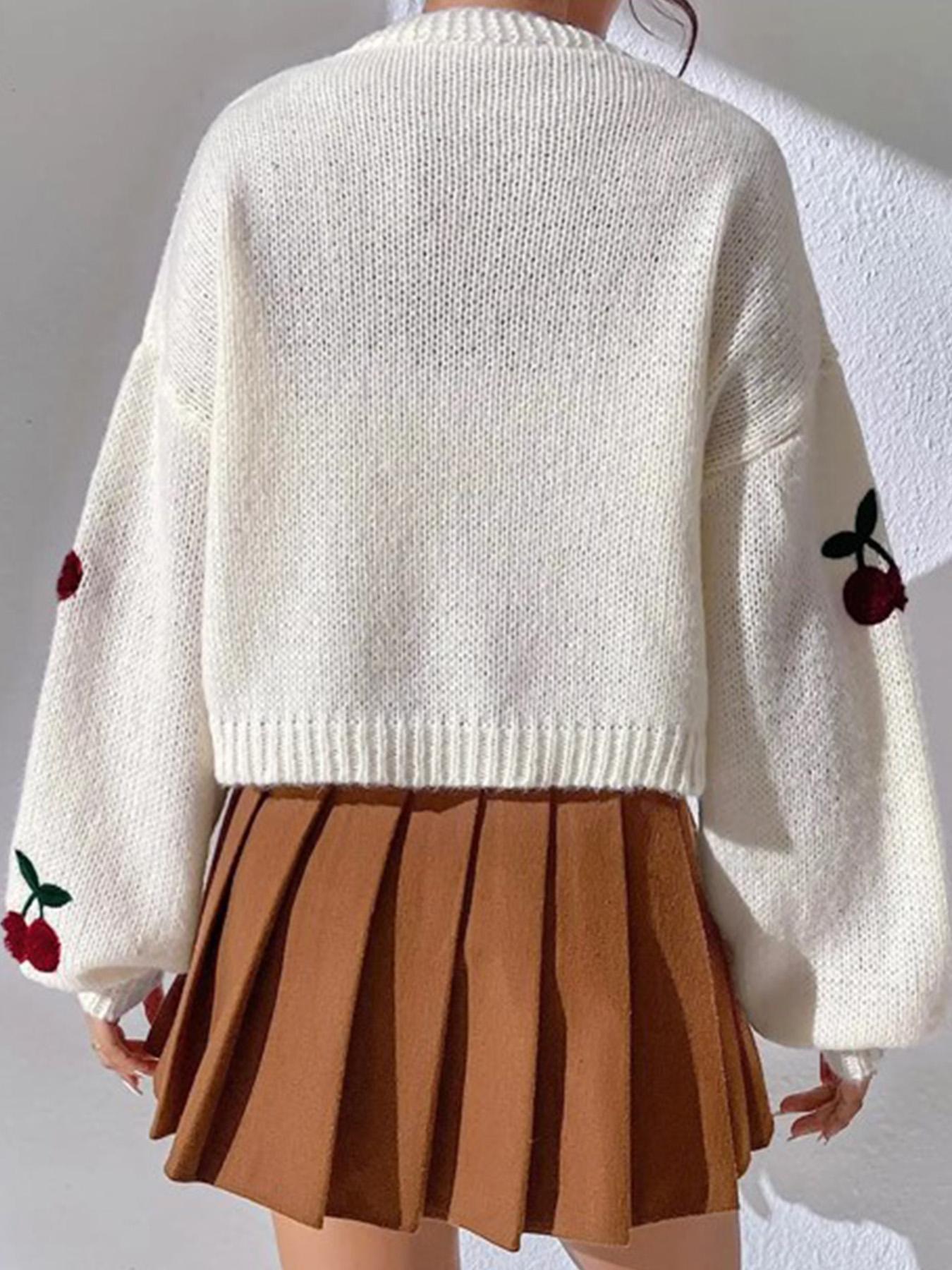 【Plus Size】 Cherry Embroidery Drop Shoulder Open Front Cardigan Knitting, Casual Long Sleeve V Neck Knitwear for Spring & Fall, Women's Plus Clothing for Daily Wear