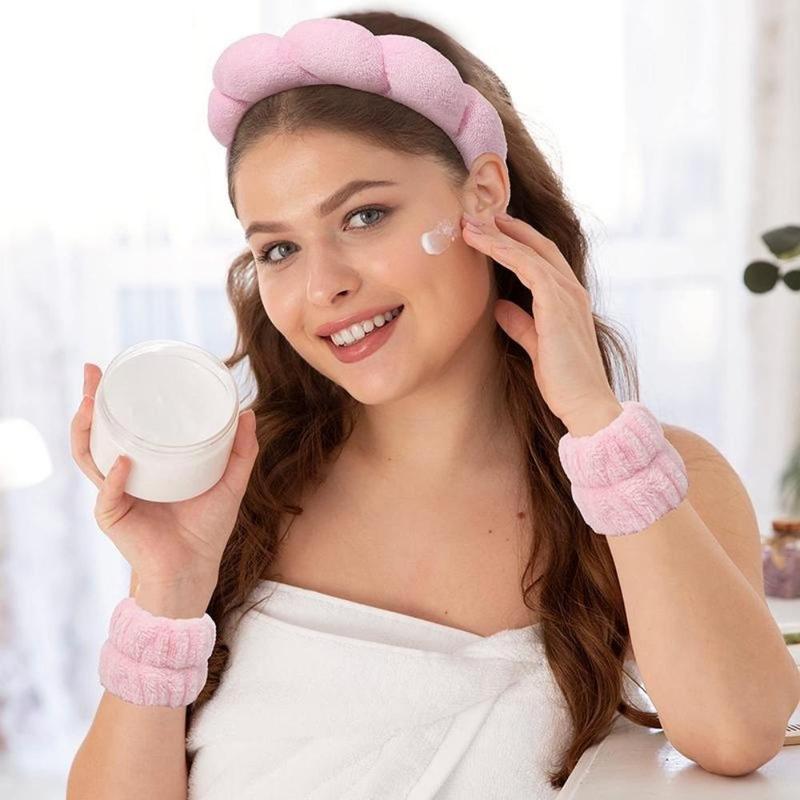AWAYTR Sponge Spa Headband for Women Washing Face Makeup Bubble Headband Puffy Skincare Headband for Girls Versed Headband Bonus Hair Scrunchie and 2 Wrist Wash Bands