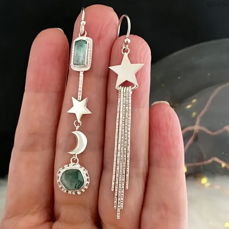 Asymmetric Star Moon Tassel Earrings Inlaid with Glass Stones, Creative Alloy Drop Jewelry for Women