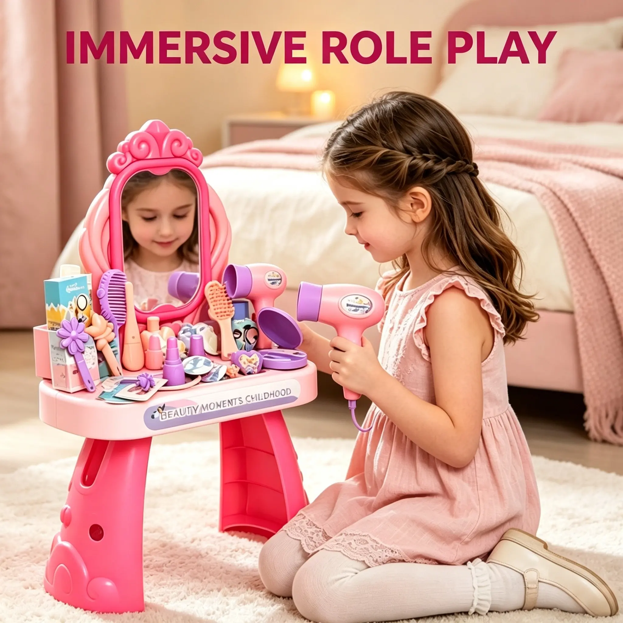 Kids Pretend Princess Vanity Makeup Table Playset, Simulation Dressing Table with Complete Beauty Accessories, Girls Dress Up Role Play Toy, Educational Early Learning Game, Perfect Birthday Holiday Gift for Little Girls Ages 3+