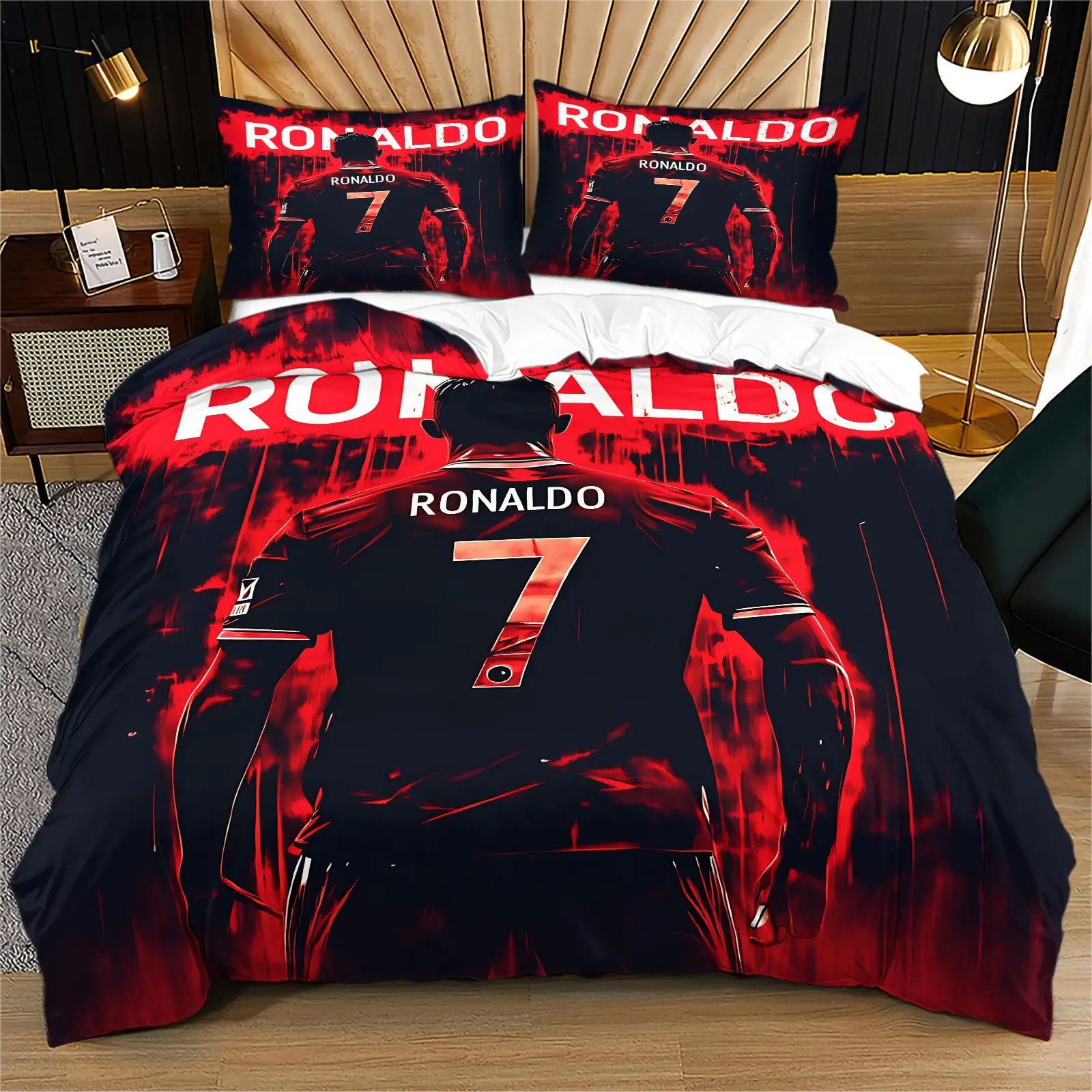 Cr7 Ronaldo Number 7 Theme Bedding Set, Background Splash, Soft Microfiber, 1 Duvet Cover + 1/2 Pillowcases, Football Fan Gift