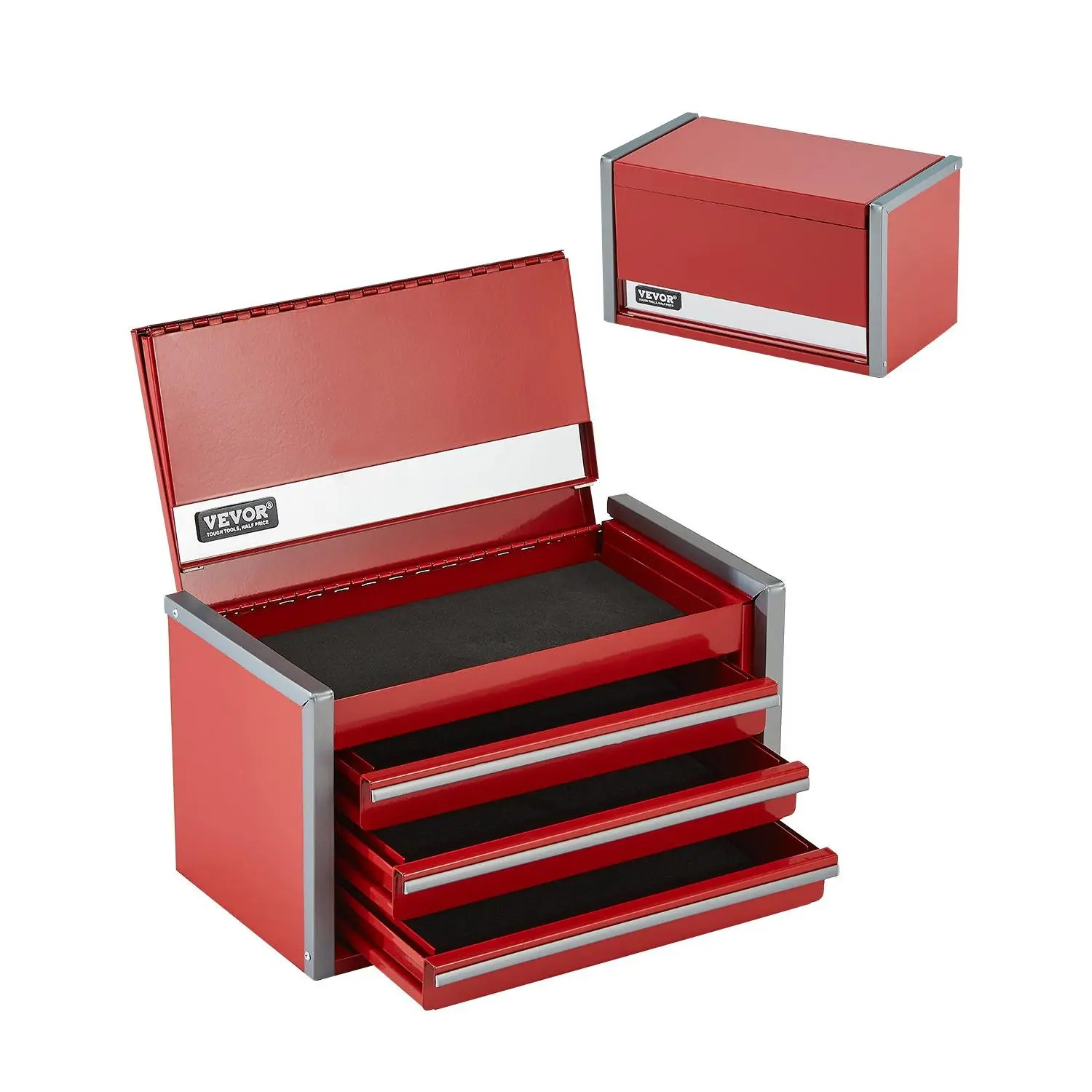 【DealsForYouDays】VEVOR Metal Tool Box, 8.6-inch, Portable Metal Tool Box with 3 Drawers, Small Tool Chest with EVA Liners and PP Feet Pads, Heavy-Duty Steel With Ball Bearing Opening and Powder Coated Finish, Red