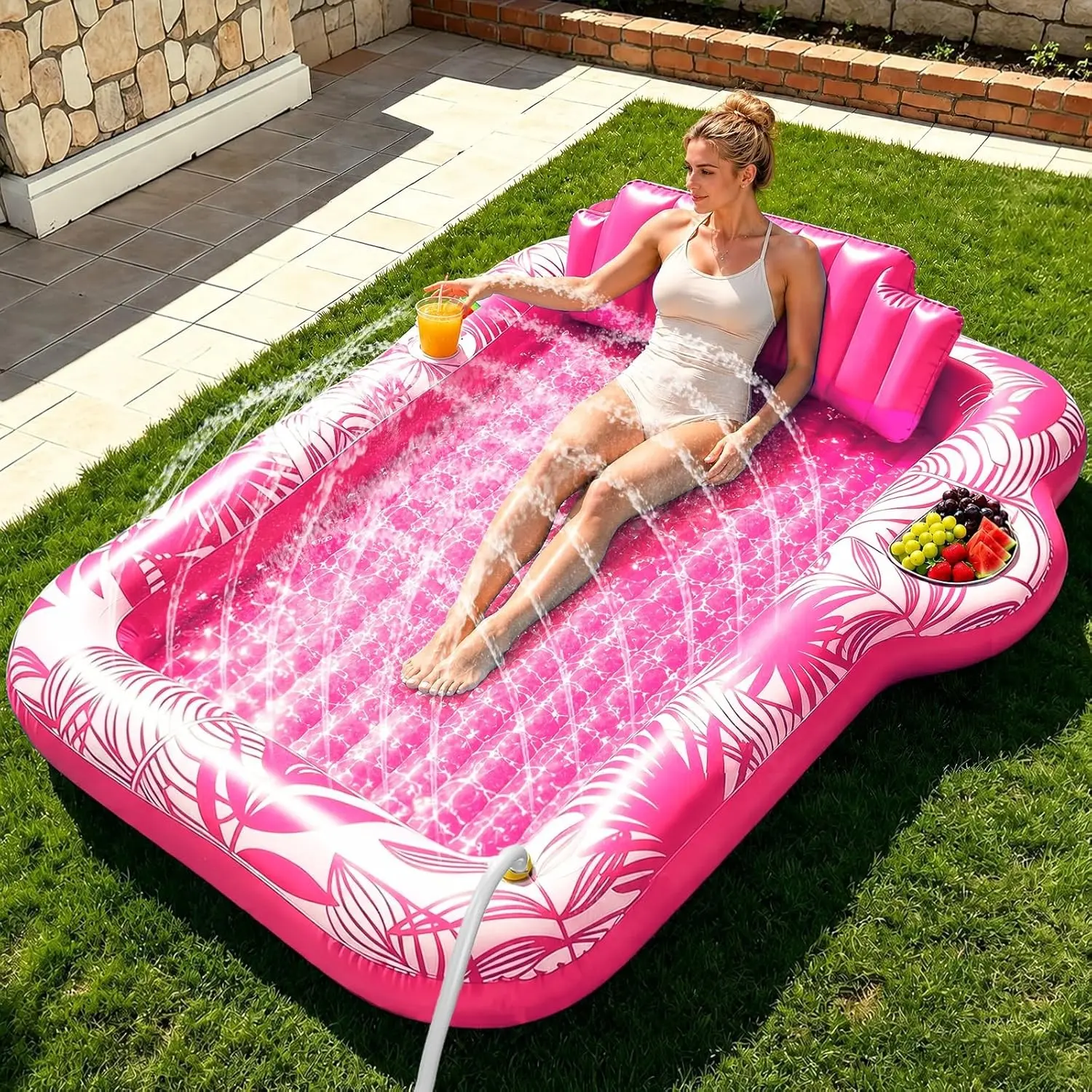 Inflatable Tanning Pool Lounger Float with Sprinkler, Extra Large Pool Floats Adult with Pillow 6 in 1 Suntan Tub Raft Floatie with Food Drink Holder, Blow Up Tanning Bed for Summer Pool PartyGift