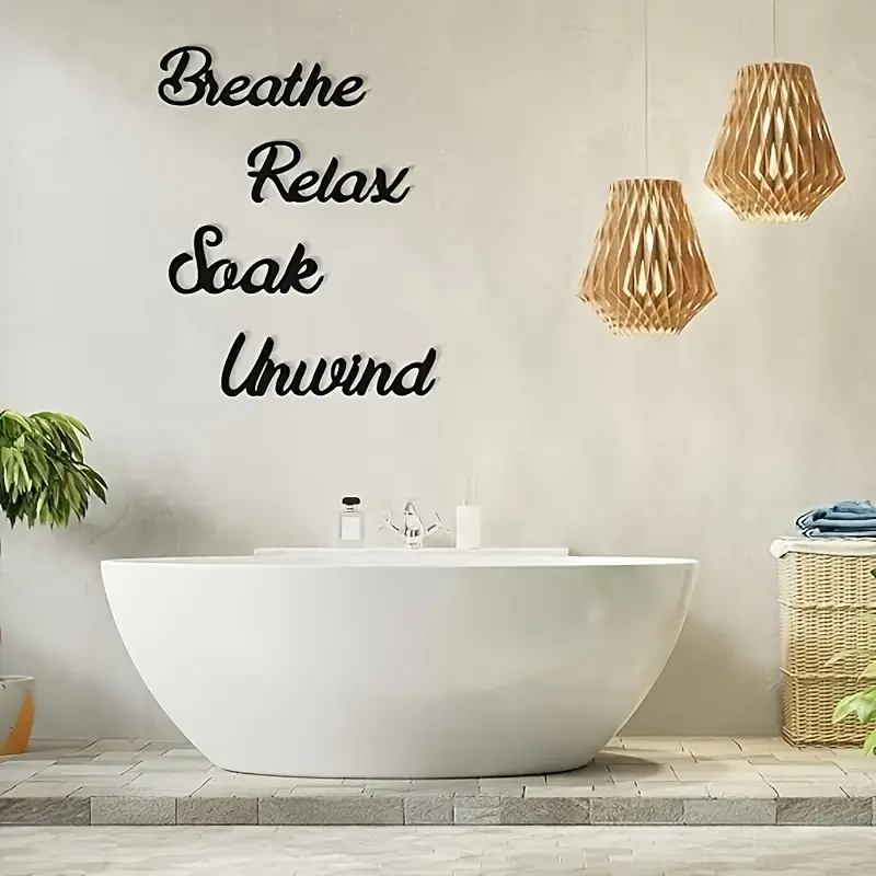 4 Farmhouse-Style Bathroom Wall Decorations, Relax Soak Breathe Wooden Word Sign, Hanging Decor Cutout Word Sign, Rustic Primitive Wall Art, Vintage Wooden Ornaments (Black)