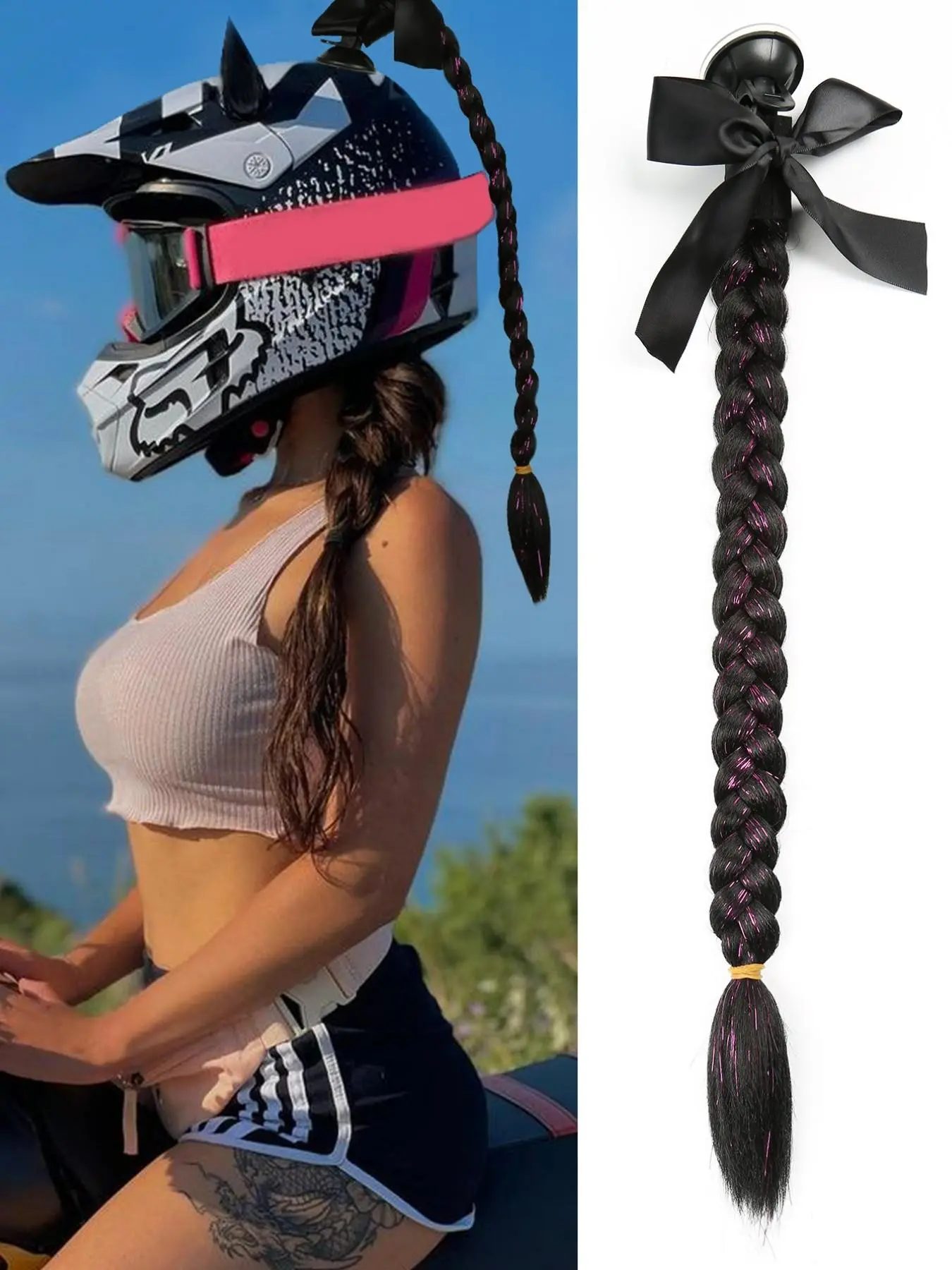 20-Inch Helmet Bow Braid Wig, Curly Synthetic Hair, Secure Vacuum Base, Smooth Non-Tangle, Perfect for Motorcycle Enthusiasts
