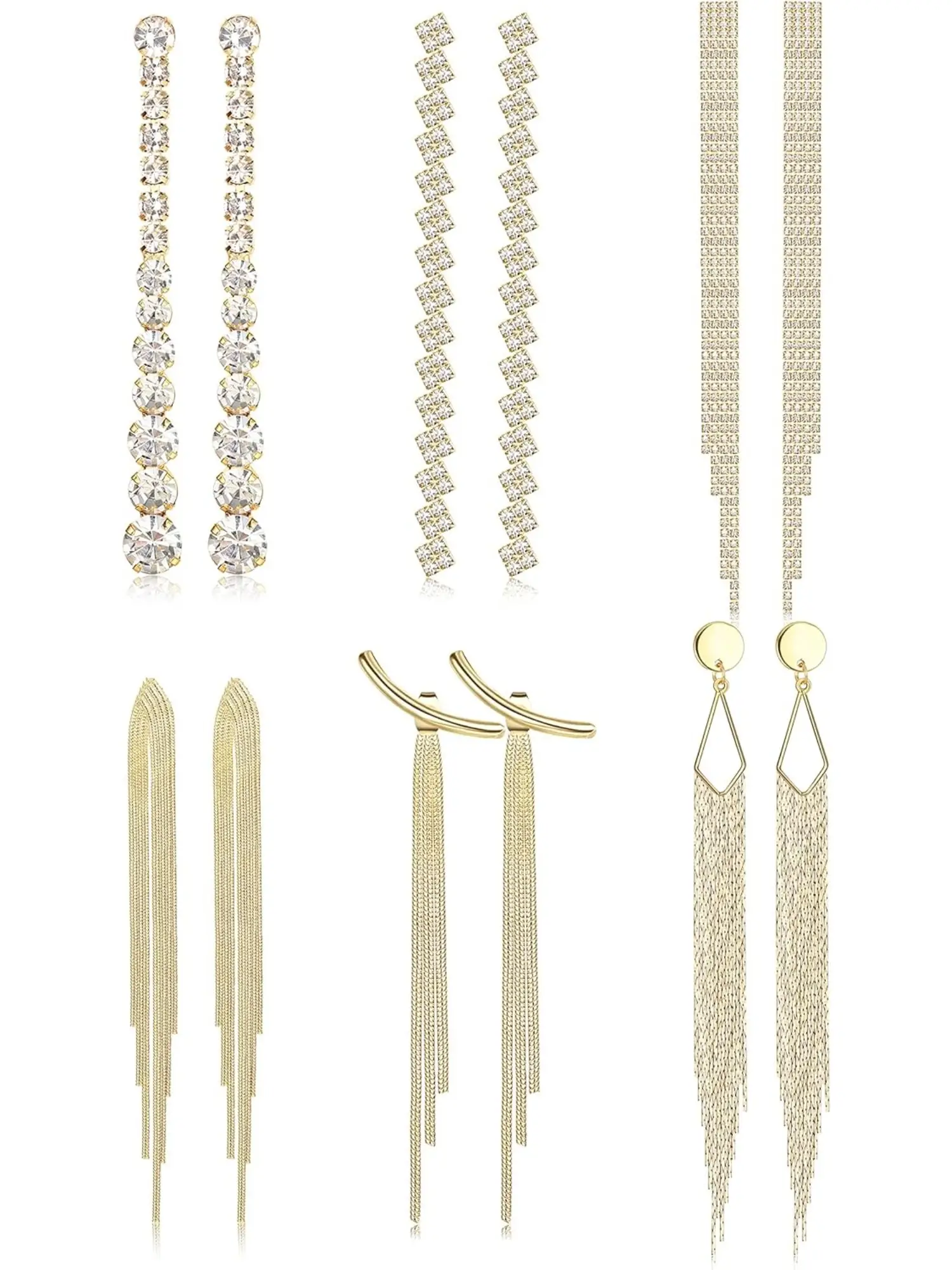 6 Pairs Long Earrings for Women Dangling Drop Hypoallergenic Rhinestone Crystal Simple Sleek Statement Earrings in Gold or Sliver Tone Safe for Sensitive Ear