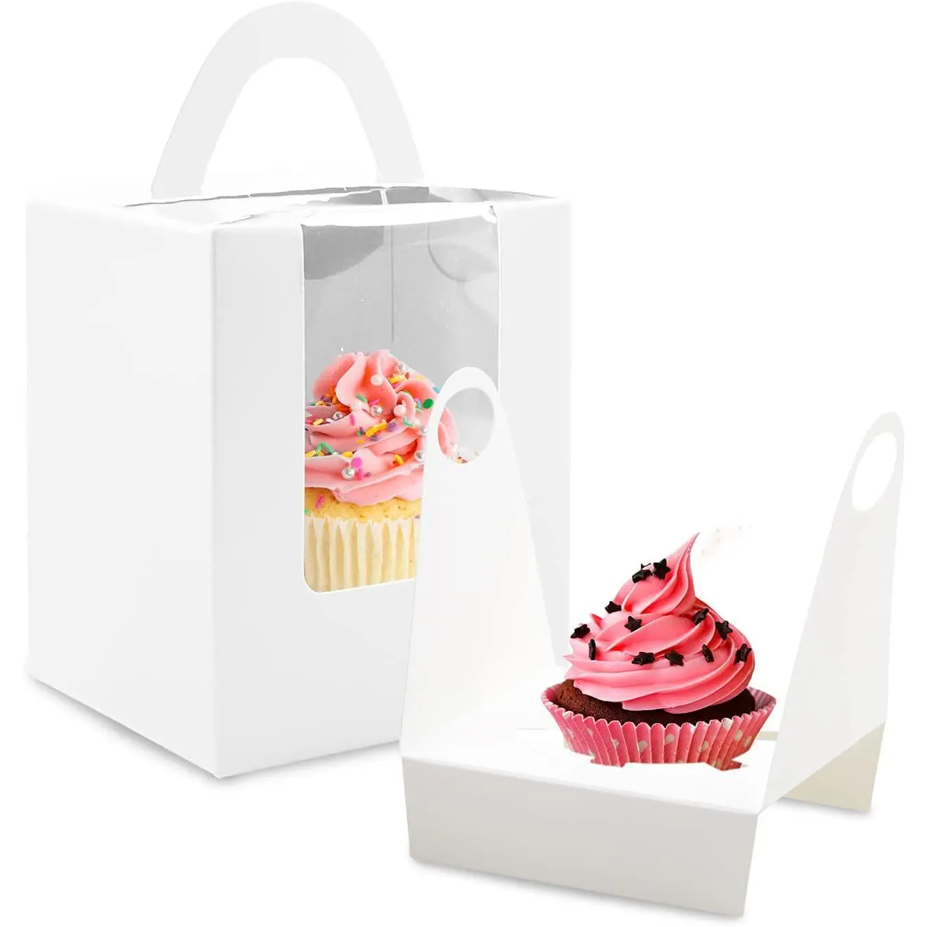 Cupcake Boxes, 30 count Single Cupcake Boxes Individual Cupcake Containers Muffins Cupcake Carriers Holder  Pastry Containers with Insert Window & Handle for Wedding Birthday Parties (White)