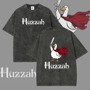 Huzzah Cartoon-style illustration Knight Goose Contrastive Cuteness Unisex Plus Size Summer Graphic Tees Personalized Pattern Y2k Clothing Round Neck Short-Sleeved Washed T-Shirt,Women's Clothing 100% Cotton, Menswear, Top, Vintage Style, Casual Oversized