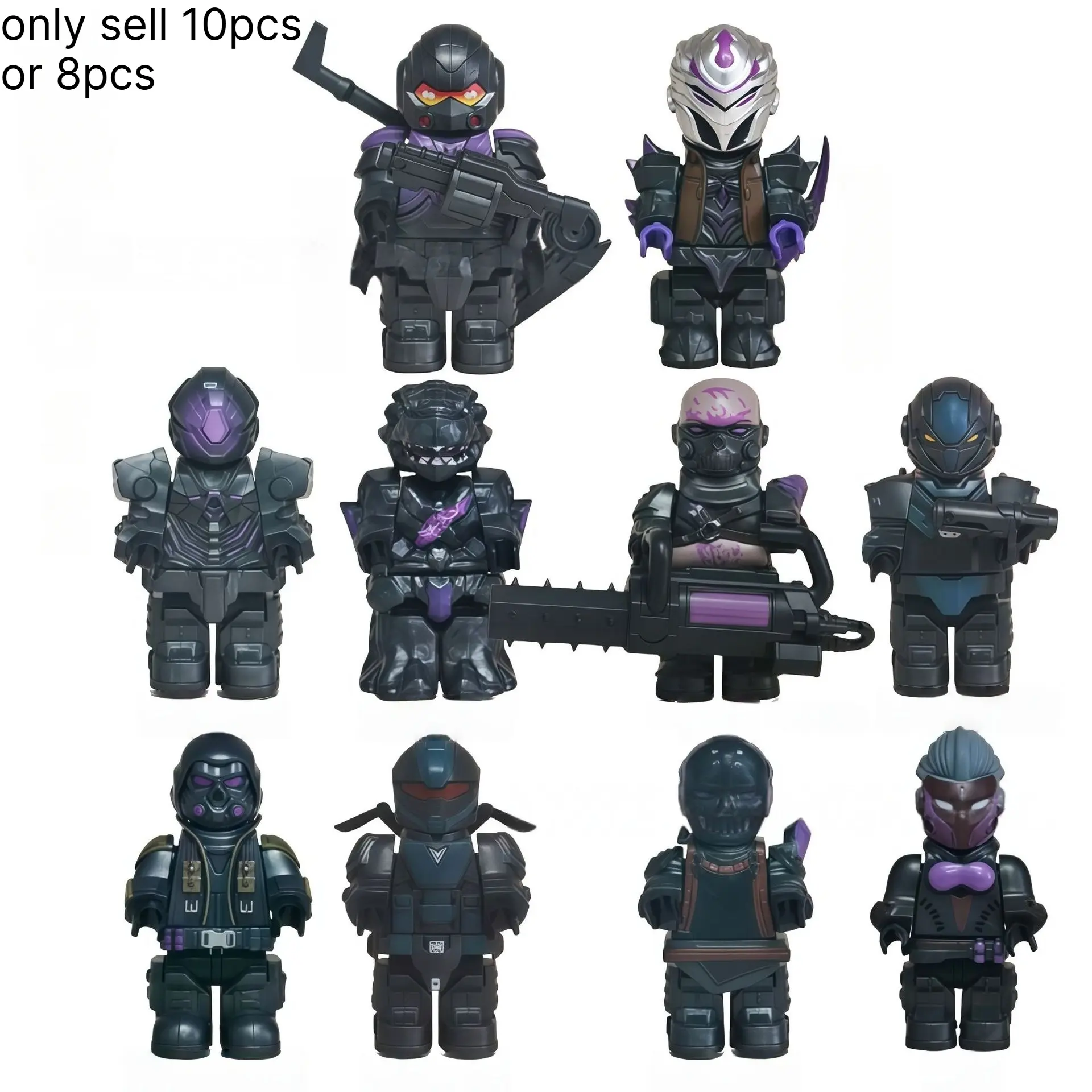 Dark Armor Warrior Minifigure Set, futuristic building block figures equipped with weapon accessories, collectible assembly model