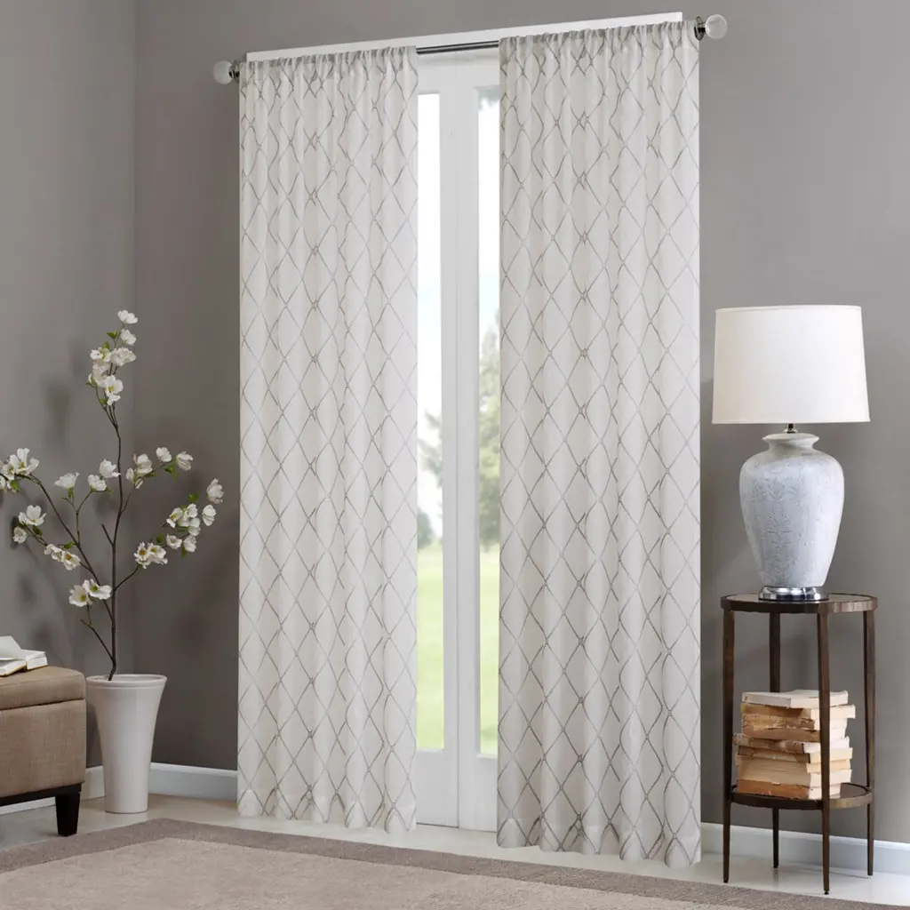 Nokaa Diamond Sheer Window Curtain Panel - Light Filtering Semi-Sheer Voile Drape Single Piece for Living Room, Bedroom, Kitchen, Bathroom Decor, Rod Pocket Top, White+Gray, Home Furnishing