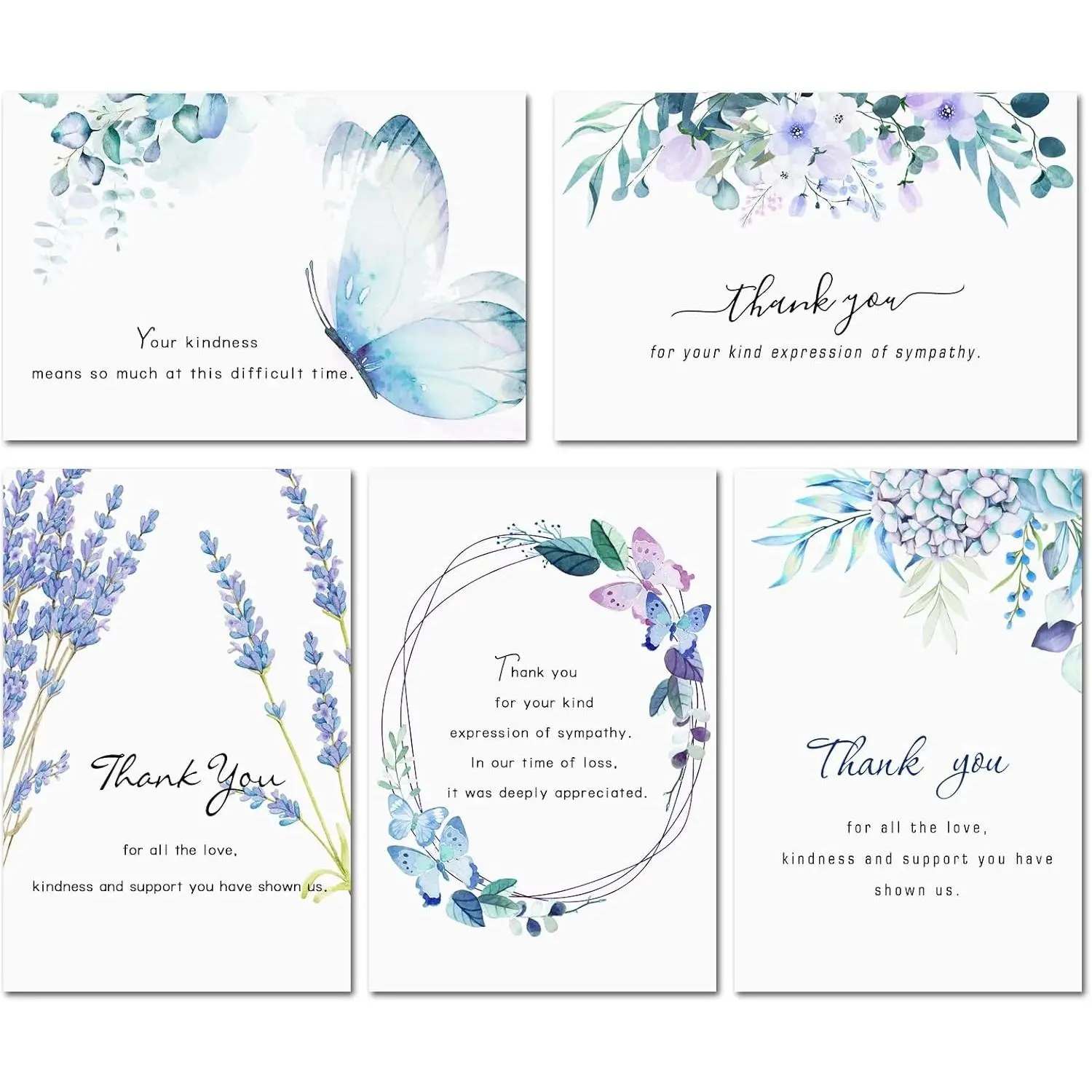50 Pack Funeral Sympathy Thank You Cards with Envelopes& Stickers, Watercolor Flowers Butterflies Bereavement Cards with Message Inside, 4x6 Inch for Memorial Service Family & Friends Gratitude