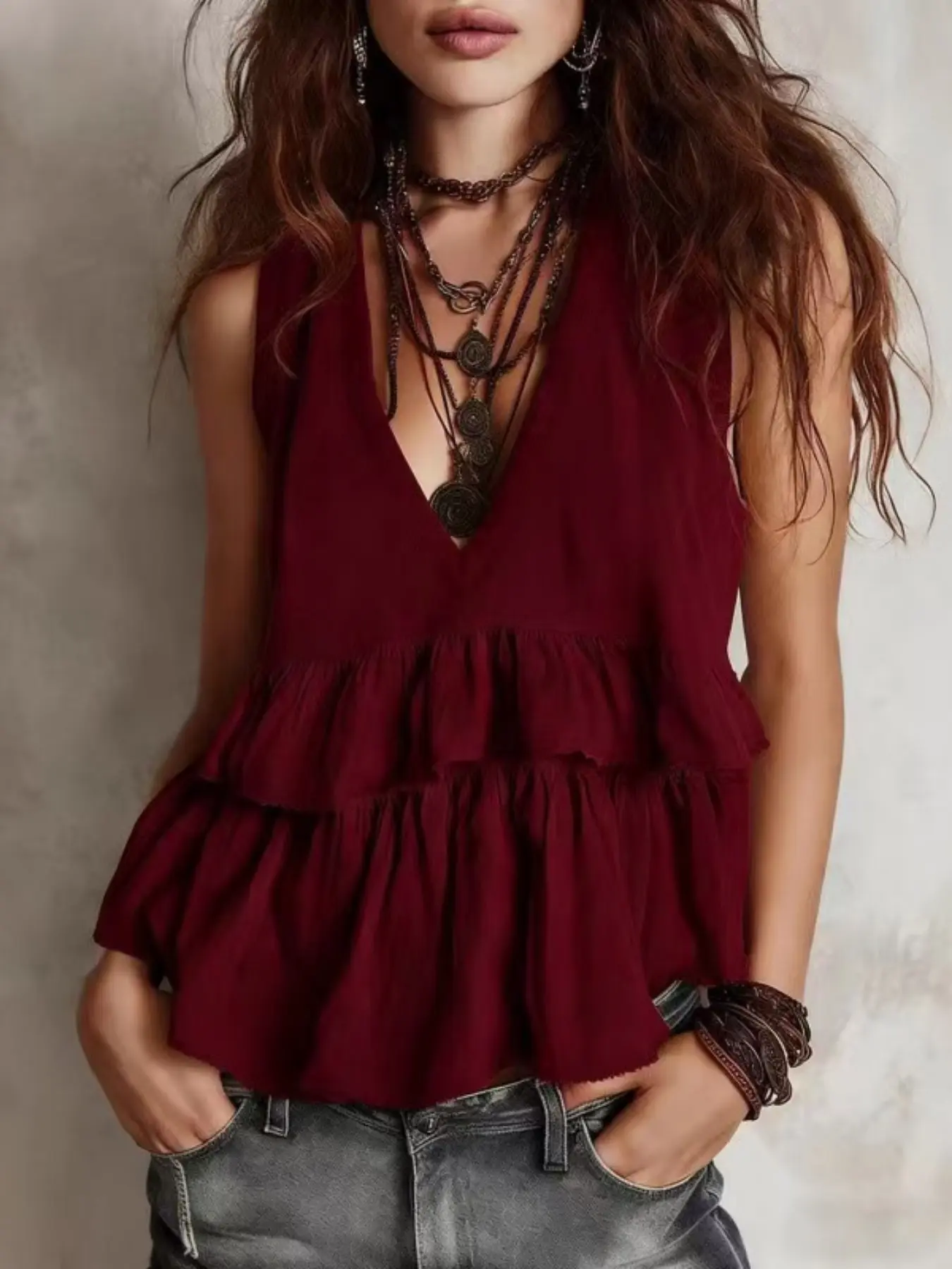 2026 Retro Deep V Boho Sleeveless Tank Top, Double Layer Ruffle Hem, Loose Fit Conceals Belly, Casual Women's Fashion