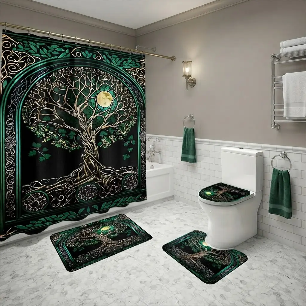 4pcs Celtic Tree of Life Full Moon Green Gothic Arched Bathroom Shower Curtain Set, Decorative Shower Curtain, Vintage Norse Yggdrasil Mystic Nature Art Bath Mat Toilet Lid Cover Combo, Witchy Pagan Halloween Decor for Home Shower Room