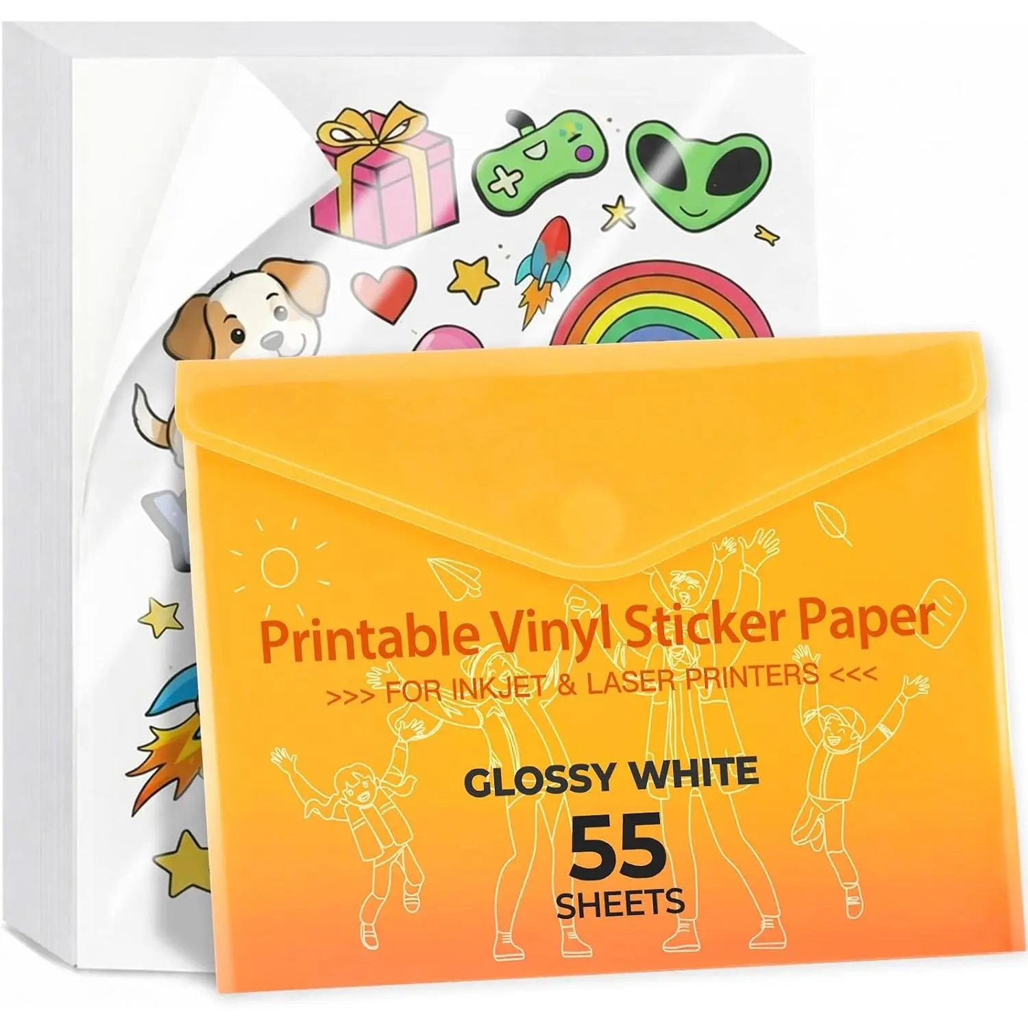 Printable Vinyl Sticker Paper, 55 Sheets, Glossy White, 8.5" x 11", Quick Drying, Holds Ink Beautifully, Waterproof Inkjet Printable Vinyl for Most Inkjet and Laser Printers