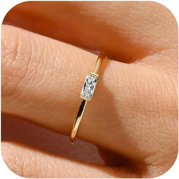 Birthstone Rings for Women Non Tarnish Gold Stackable Rings Dainty 14K Gold/Silver Plated Baguette CZ Emerald Green Pinky Ring Personalized Jewelry Gift for Birthday Size 4-10