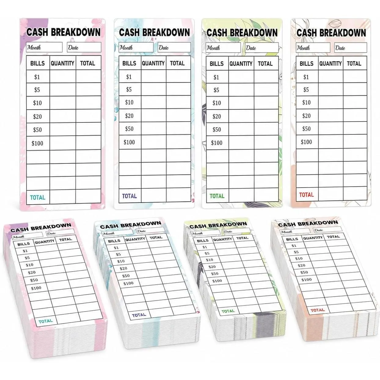 100  Breakdown Teller Stickers for  Stuffing, 2 x 4 Inch | 100 self-adhesive labels with six bill denominations and four designs for  envelopes, budget binders, and  trips