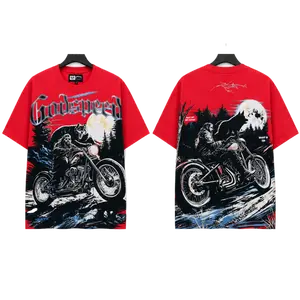 Godspeed Motorcycle Wolf Graphic T Shirt – Unisex Oversized Streetwear Short Sleeve, American Rock Vintage Hip Hop Summer Casual Tee, Red Biker Print TikTok Trendy Fashion Top