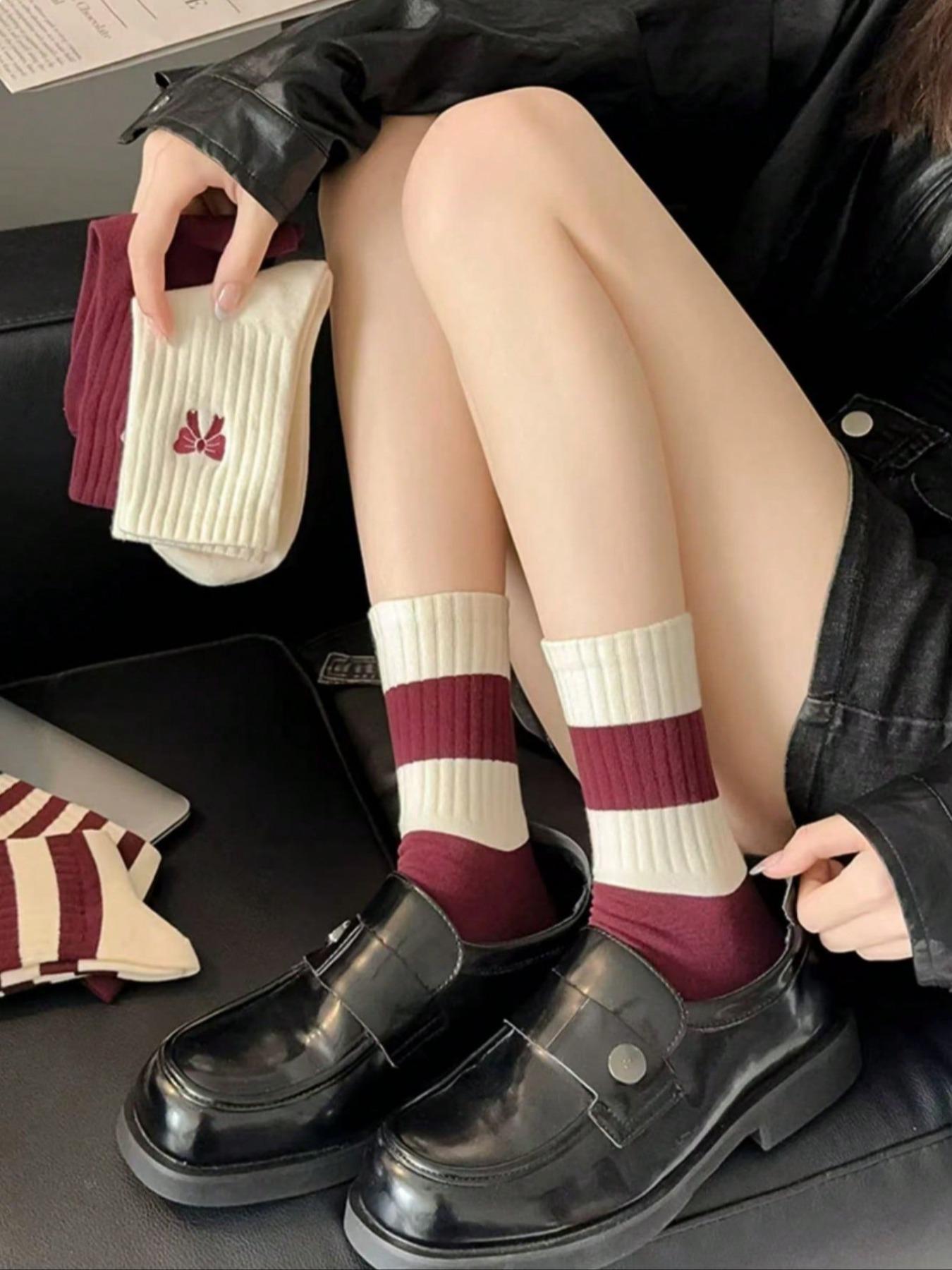 Women's 5 Pairs Colorblock Stripped & Star Print Crew Socks, Sock Set, Casual Moisture Wicking Socks, Soft Comfy Breathable Socks for All Seasons Daily Wear
