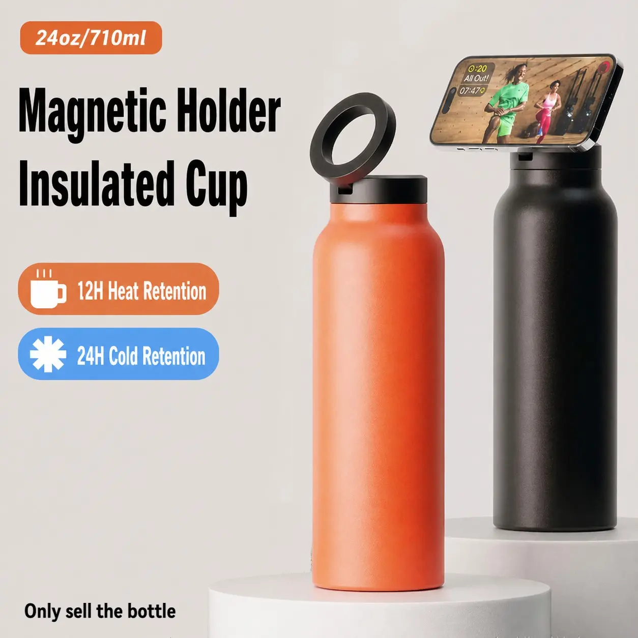 Water Bottle with Magnetic Phone Mount - Insulated Stainless Steel Bottle for Workouts, Content Creation, Navigation & Facetime on the Go, 12Hrs Hot/24Hrs Cold
