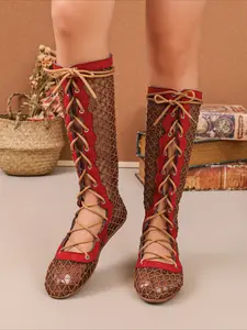 Hollow fishnet lace-up tall boots, breathable flat summer shoes for Y2K boho vintage look