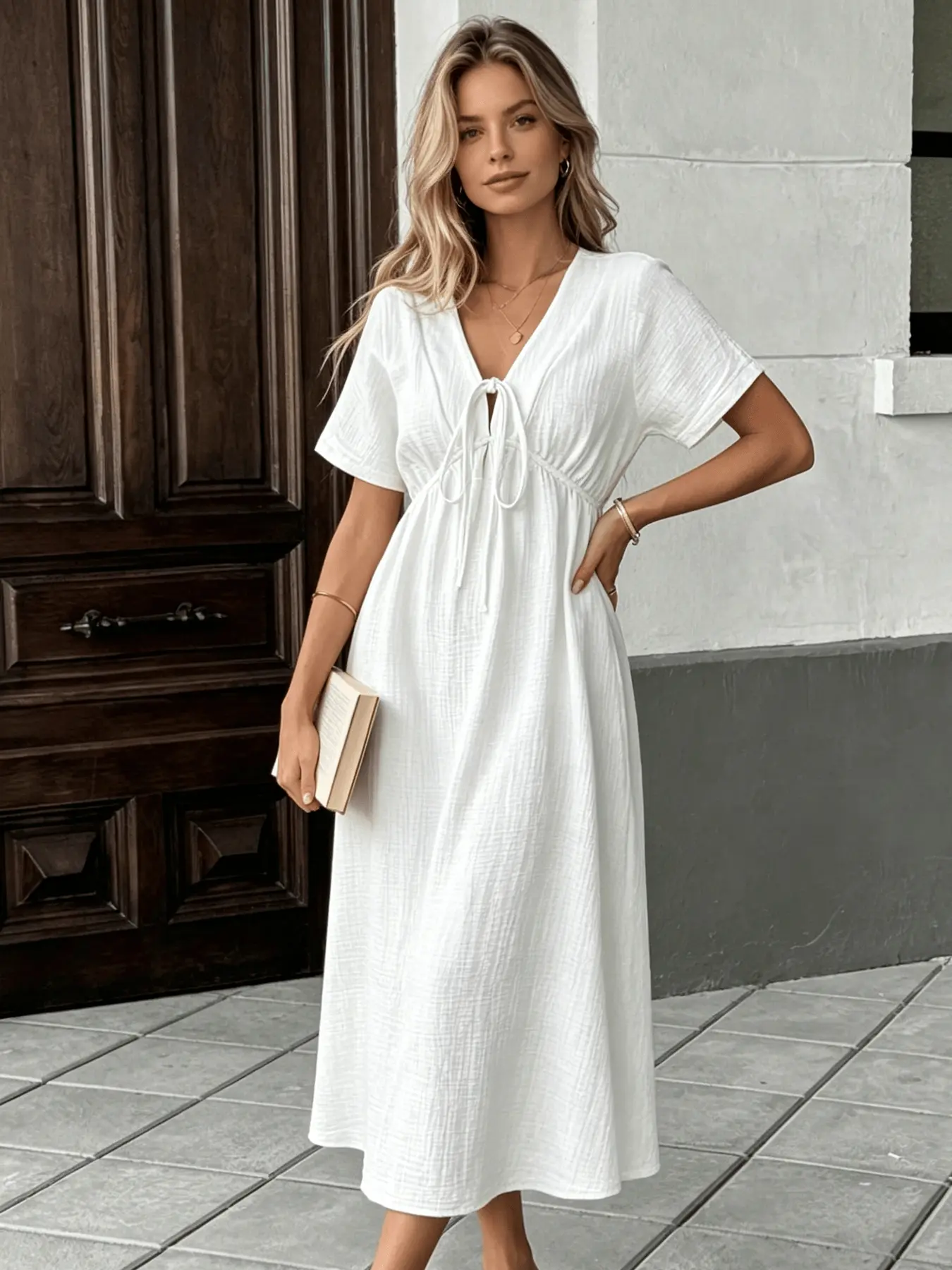 A women's fashionable casual resort-style pure-color Beach Sundress with a V-neck, lace-up front, high waist, and large skirt, creating a slimming effect and a festive atmosphere. Ideal for summer, dating, parties, beach outings, and afternoon tea.