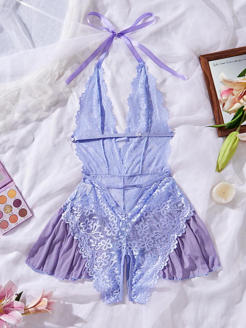 Romantic Valentine's Day Gift, Women's Sexy Lace Underwear, Deep V Neck, Smooth Fabric, Semi-Transparent, All Seasons Sleeveless, Lingerie Nightwear