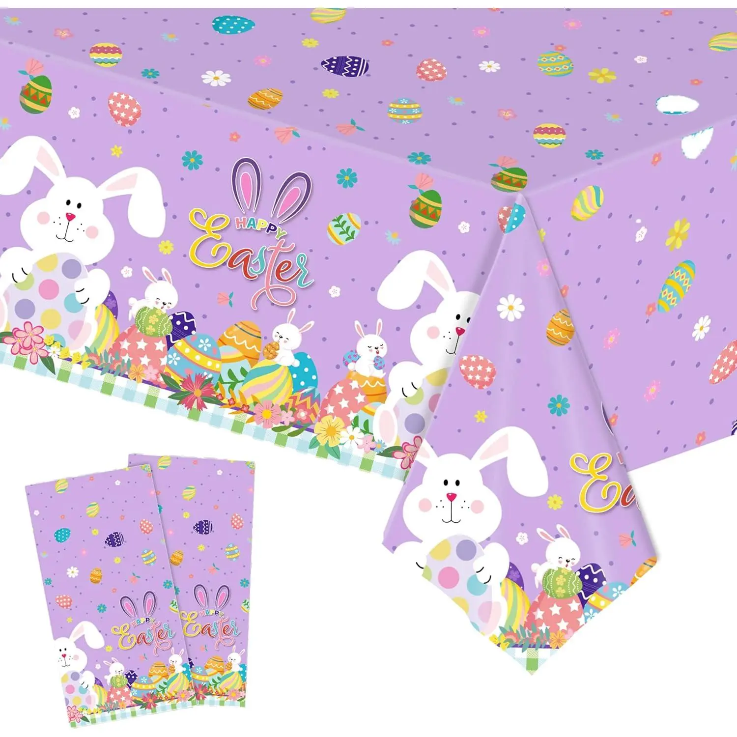 2 Pack Easter Tablecloth - 54" x 108" Disposable Easter Bunny Plastic Table Cloth, Purple Rectangle Spring Table Cover for Indoor or Outdoor Easter Party Decorations
