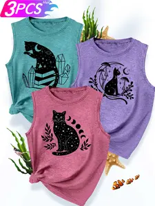 3Pcs Women Crew Tank,Moon Star Black Cat Witchy Print,multi-color,washable,soft summer vest