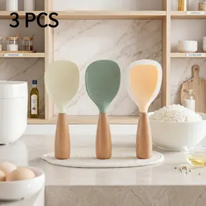 3 PCS Silicone Spoon with Wooden Handle, Heat-Insulation & Heat-Resistant Multifunctional Spatula Spoon for Rice Cooker, Practical Kitchen Tool for Home & Restaurant, Kitchen Cooking Accessories, Wooden Cooking Tools, Kitchen Utensils-YY1