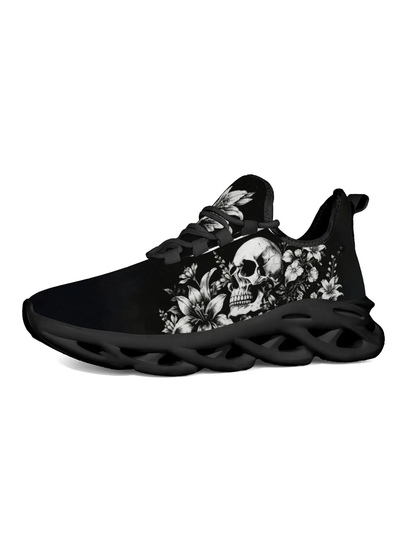 Dark Aesthetic Skull Flower Print Fashion Sneakers, Black White Lily Gothic Skeleton Design Lightweight Breathable Running Shoes, White Thick Sole Casual Athletic Shoes