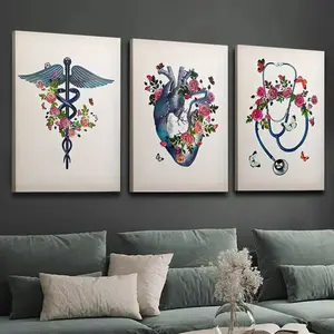 3-piece wooden framed canvas wall art - Floral medical art triptych canvas modern art print, bright aesthetic decoration, suitable for living room, bedroom, office, ready to hang, ideal home decor gift, perfect for Halloween, Christmas, Easter, dynamic pa