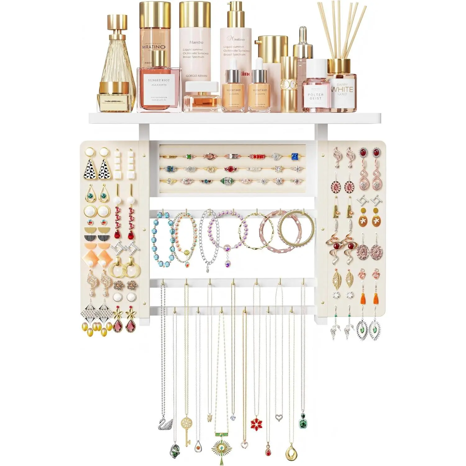 Organizer  Wall Mounted  Holder, 5-in-1 Large Capacity Necklace Organizer Wall   Display for Ring, Necklaces, Bracelets, Earrings (White)