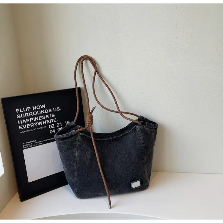 Women's Large-Capacity Washed Solid Denim Tote Bag - 2025 Trendy Korean Version, Versatile Shoulder Bag with Shoulder Straps, Open Top for Everyday Use (Dongdaemun), Washed Look