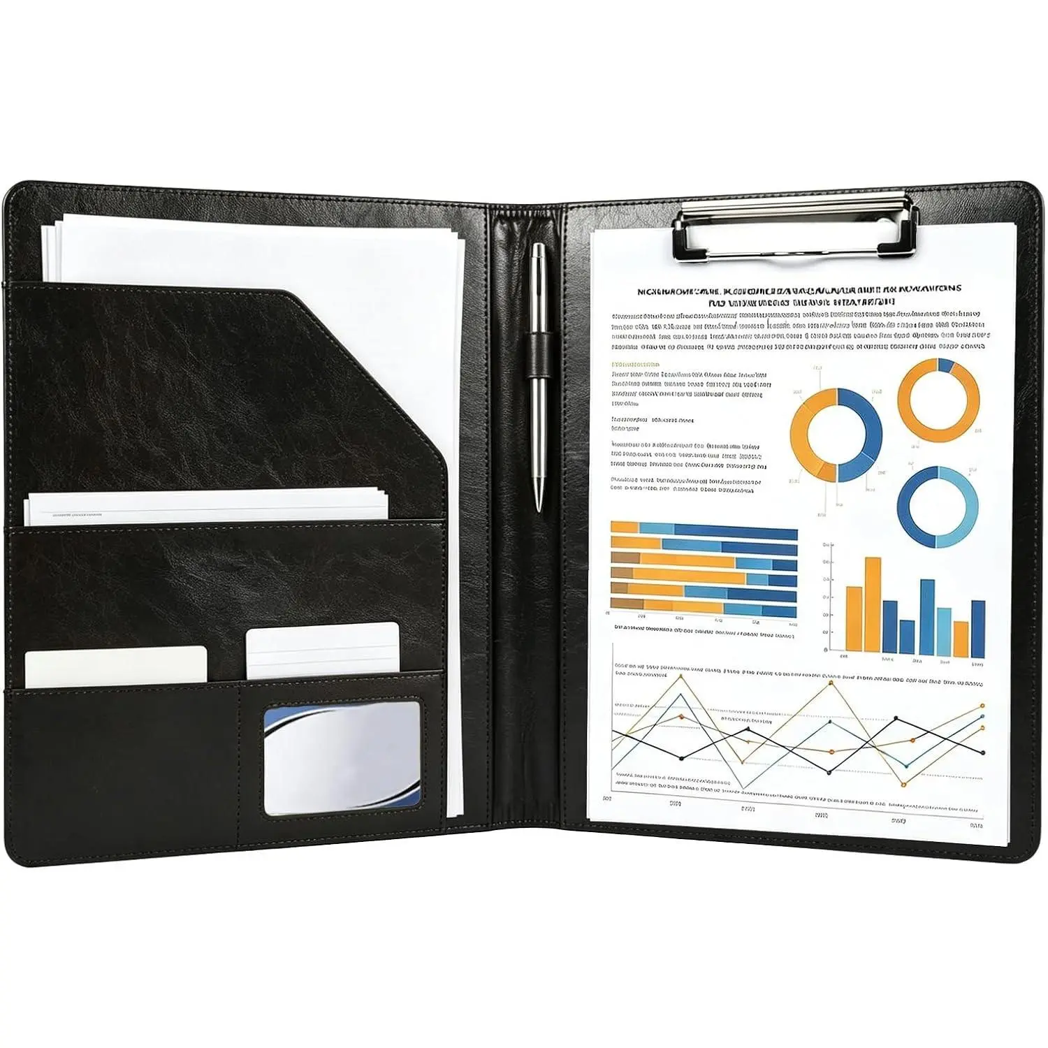 Professional Faux Leather Padfolio Portfolio Binder with Business Card Holder, Letter Size Writing Pad, A4 Resume Folder for Office Conference, Black