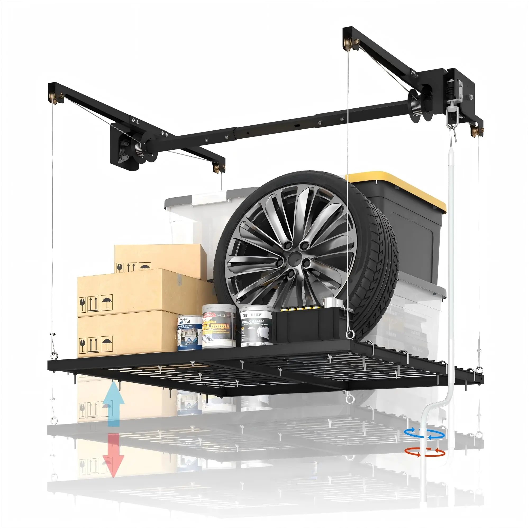 Garvee Overhead Garage Storage Rack Lift, 4x4 ft Ceiling Mounted Storage Racks, Max Adjustable Height, 350lbs Weight Capacity, Heavy-Duty Metal Ceiling Rack for Organization