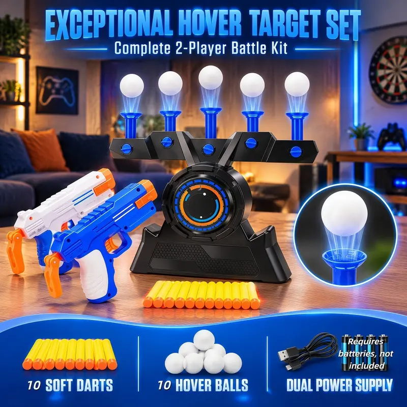 Indoor Electric Floating Shooting Target Toy Kids Battle Game For Soft Bullet Gun Blasters Ball Shooting Parent Child Play For Boys Girls With Charging Cable Need 4 AAA Batteries Color Box Nice Gift For Halloween Black Friday Christmas