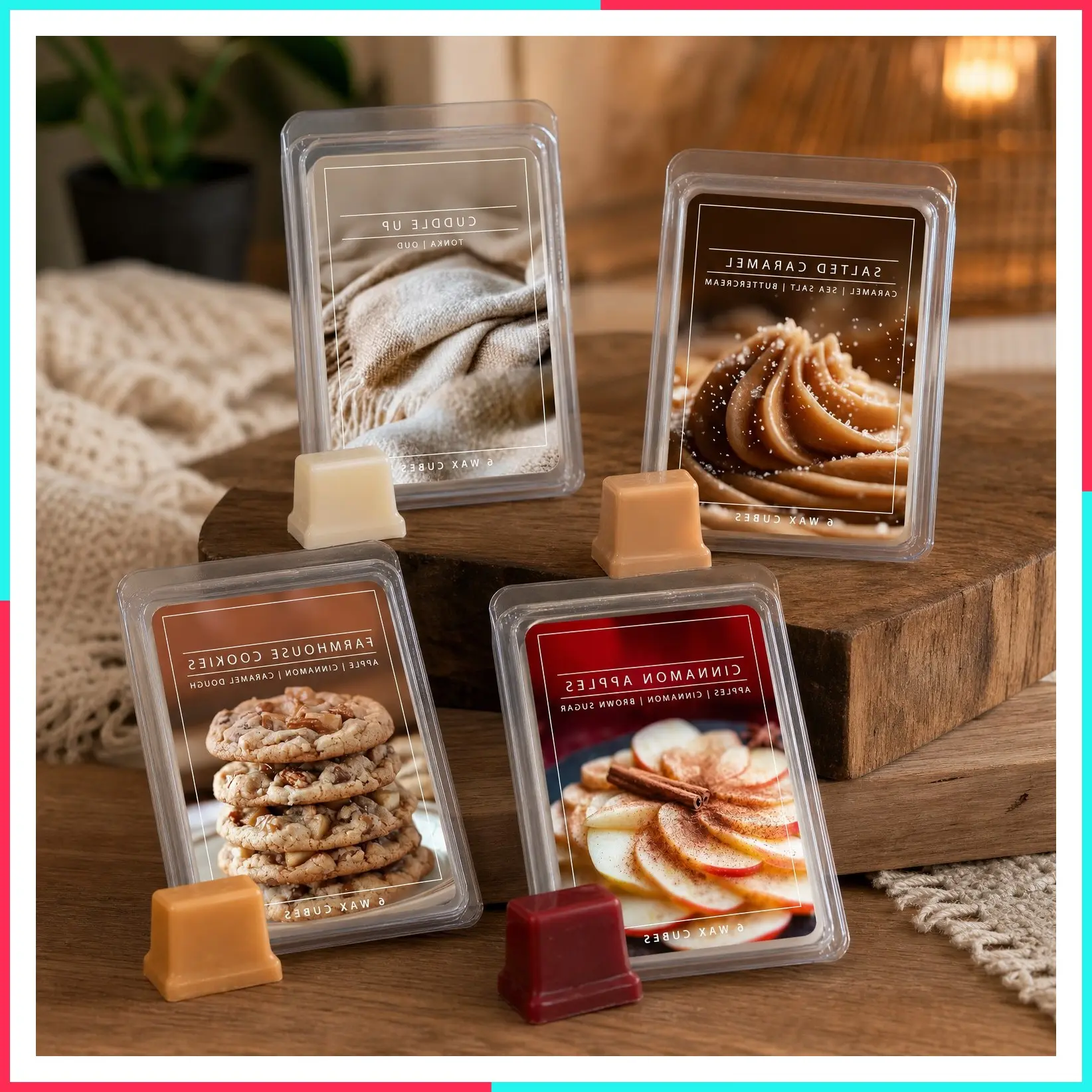 Home Sweet Home Fall Wax Melts 4-Pack – Long Lasting, Strong Scent Melts for Warmers, Includes Cuddle Up, Cinnamon Apples, Salted Caramel Butter Cream & Farmhouse Cookies, 10oz (24 Cubes)