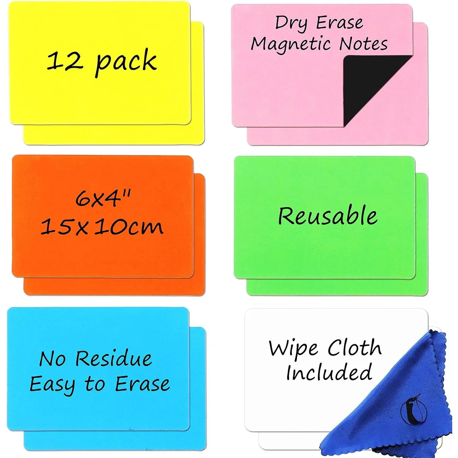 Magnetic Dry Erase Set - 12 Pack, 6x4 in Pads - Whiteboard Notes, Planning Labels, Large Strips, Name Tags for Office Cubicle, Kitchen, Adults (12, 6x4 in)