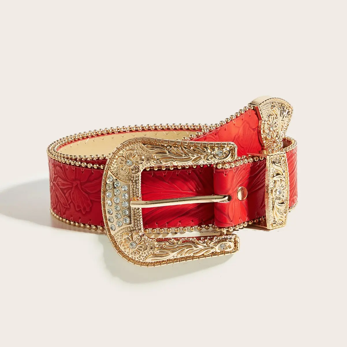 Hot girl style belt for women, fashionable and trendy, beaded style, Western Y2K rhinestone buckle, red belt decoration