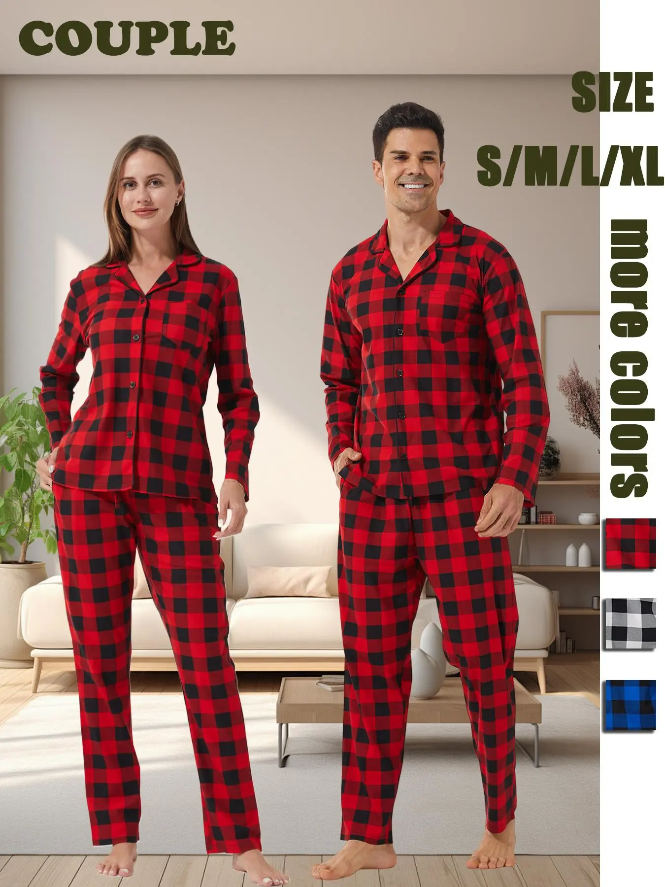 Couple's Plaid Print Button Front Knit Pajama Two-piece Set, Casual Comfy Long Sleeve Pocket Top & Elastic Waist Pants Pj Set, Couple's Sleepwear for Spring & Fall