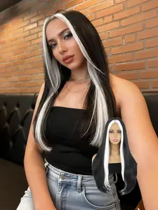 26-inch long straight synthetic wig featuring a natural black center part; made with glow-in-the-dark synthetic fibers that shine in the dark. Suitable for daily wear as well as occasions like Halloween, music festivals, and cosplay.