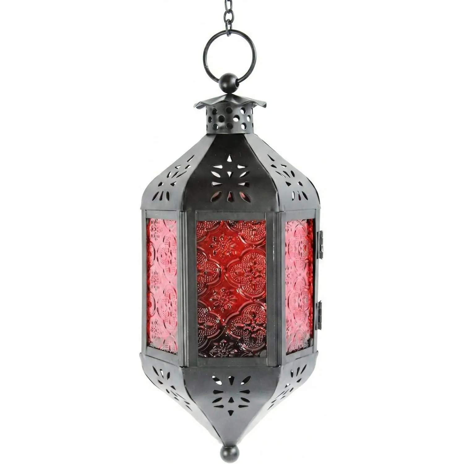 Hanging Moroccan Lamp - Exotic Decorative Patio & Porch Decor, Indoor Outdoor Tea Light Candle Lantern Holder with Chain (11" Medium, Red Glass)