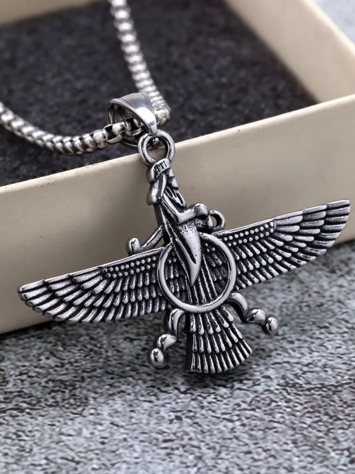 Vintage Faravahar Men's Pendant Necklace, Stainless Steel Zoroastrian Religious Symbol, Punk/buddhist Style Chain Jewelry