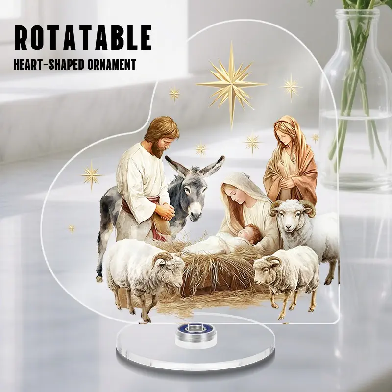 Nativity Scene Rotatable Heart Acrylic Ornament, Religious Ornaments, Jesus Birth Holy Family Christmas Decor, Religious Christian Keepsake, Holiday & Baptism Gift, Religious Decorations