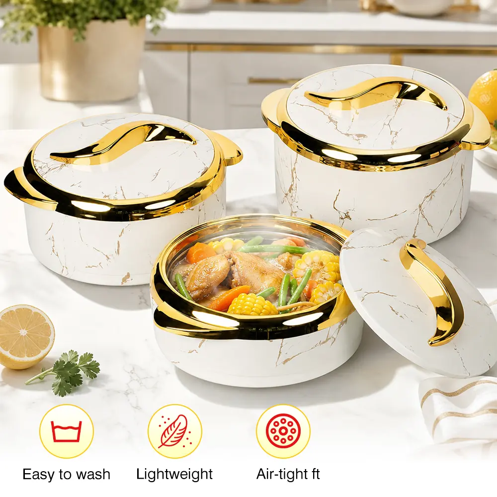 3Pcs Modern Sturdy Kitchen Food Warmer Set, 2.1 Qt ABS Plastic Insulated Stainless Steel Thermal Casserole Bowls with Lids & Food Covers, Hot-Cold Serving Containers for Buffets, Work Lunches