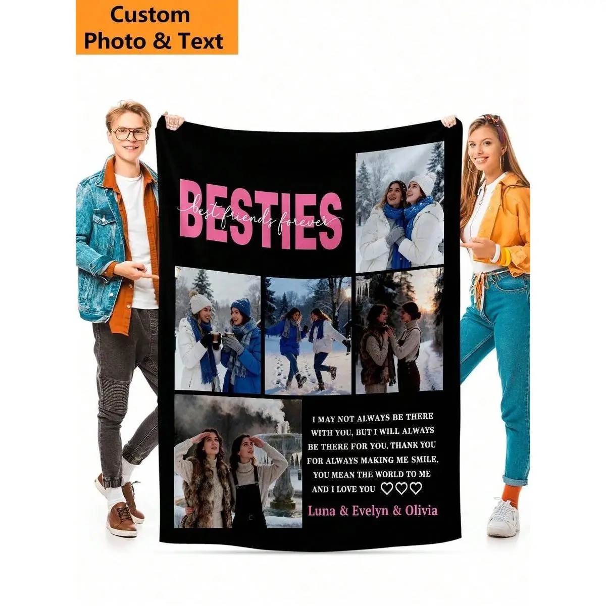 Besties Best Friends Forever Custom Photo Throw Blanket, Black Pink 6 Picture Flannel Blanket, Soft Cozy Warm Throw, Personalized Name Design, Gift for Her Bestie Squad, Sentimental Keepsake Cute Couch Bedroom Decor # blankets