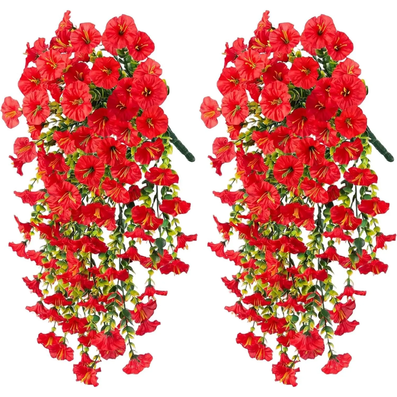2Pcs Artificial Petunias, 75cm Realistic Artificial Hanging Flowers with Eucalyptus Leaves, UV Resistant Faux Petunias for Porch, Patio & Garden Decor, Red