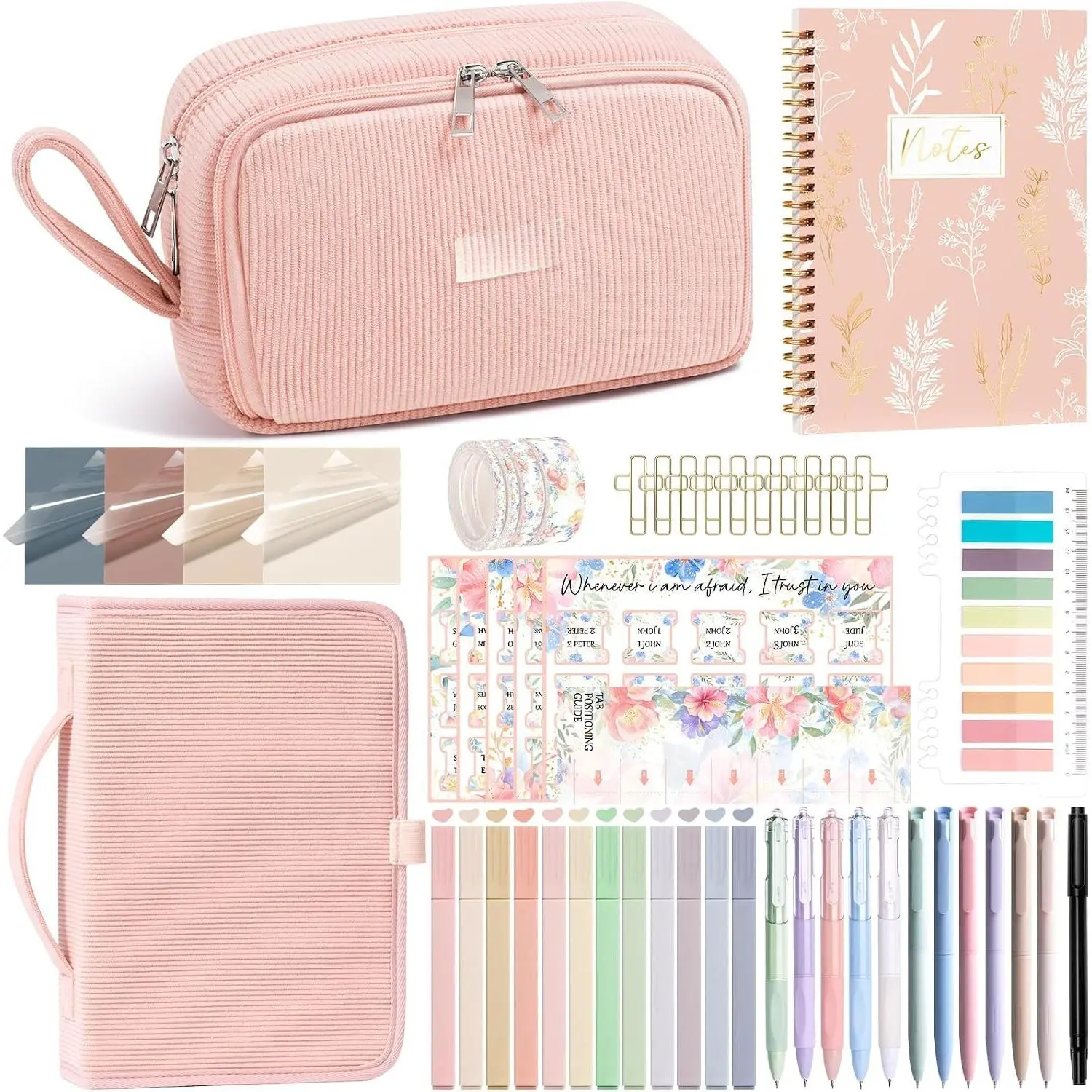 Study Supplies Journaling Annotation Kit w/ Cover Case for Women |  Christmas Christian Gifts for Women Mom,  Study Tools Accessories Set w/Highlighter Pen Tabs, Pencil Case Notebook