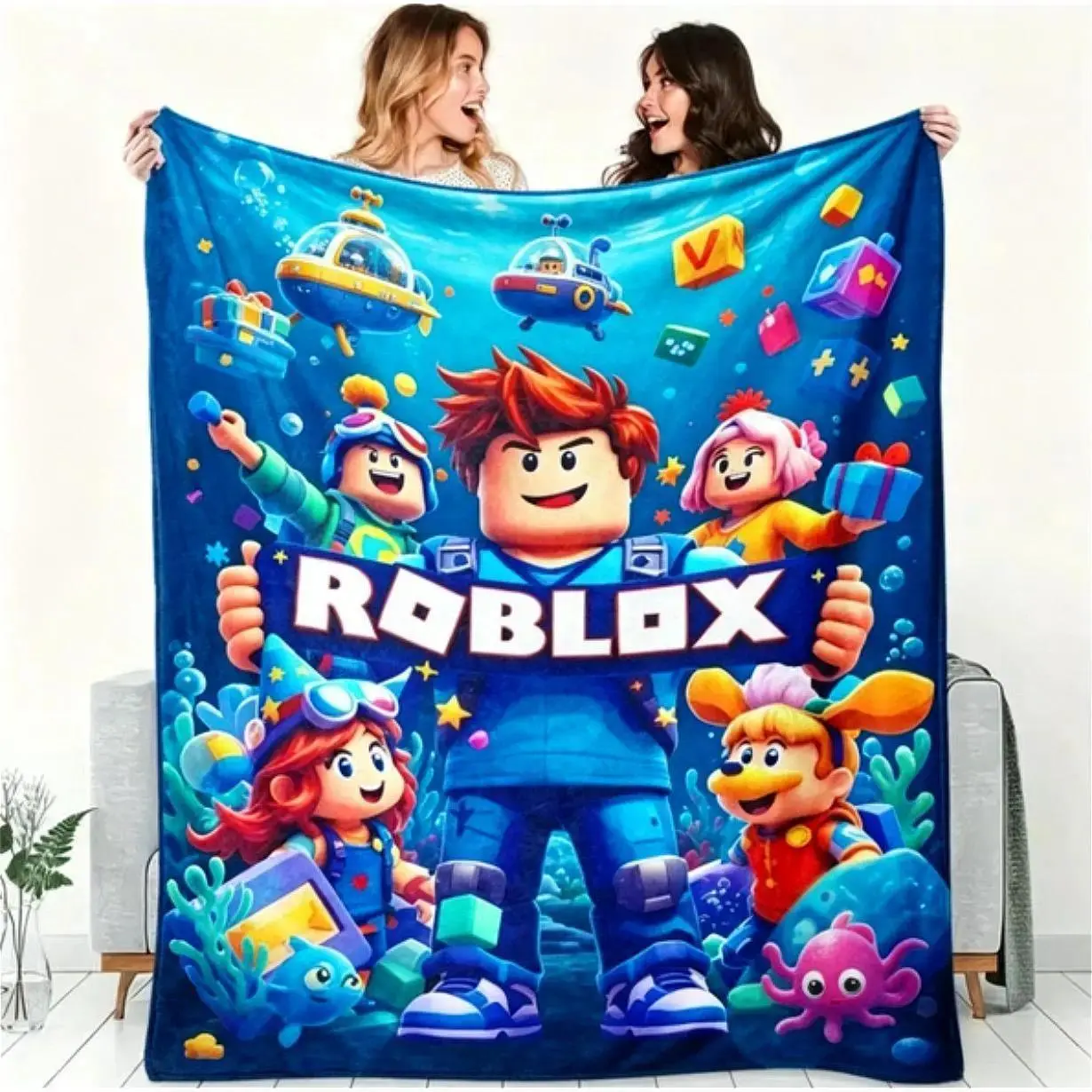 Roblox Gaming Flannel Blanket for Kids & Adults, Soft Breathable Block Design Cozy Throw Blankets Bedding Bed Accessories, Ultra Warm Fleece Blanket for Bed Couch Sofa Game Room Dorm Decor, Gamer Birthday Graduation Christmas Holiday Gift for Boys Girls