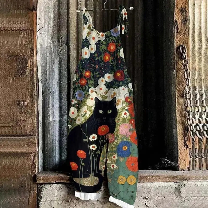 New Fashion Casual Halter Jumpsuit Cat Pattern 3D Flower Printed Loose Comfortable Big Size Women's Summer Lace Up Jumpsuit